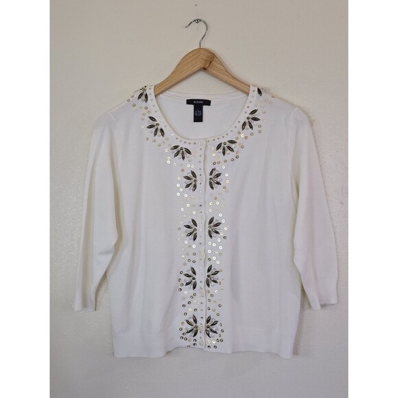 Alfani White Beaded Sequin Cardigan Womens Size Large Button Up 3/4 Sleeve - Picture 1 of 8